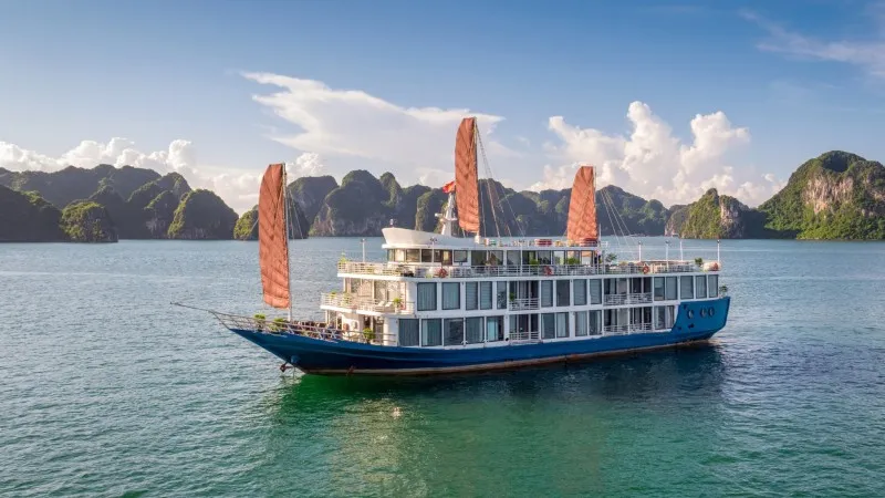 Glorious Junk boat in the middle Lan Ha Bay
