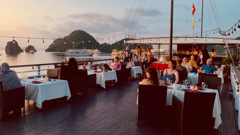 Having dinner on the sundeck