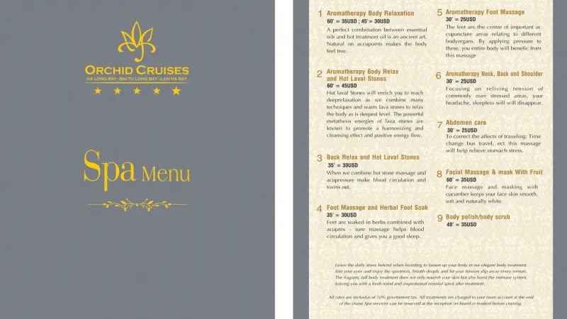 Orchid Cruises Spa Menu