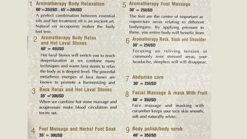 Spa & Sauna Menu