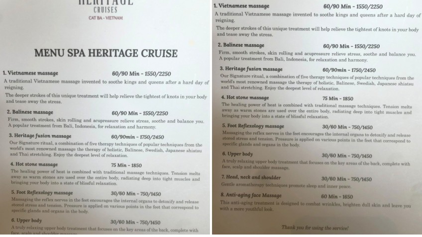 Heritage Binh Chuan Cruise: The Spa Menu