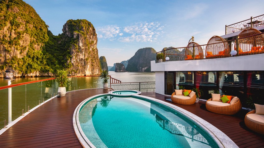 Unique oval pool to soak up bay view