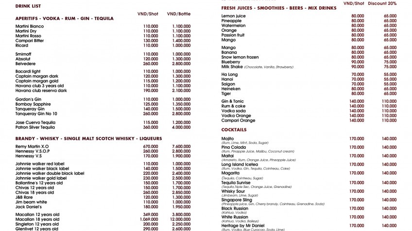 Heritage Binh Chuan Cruise: Heritage Drink Menu