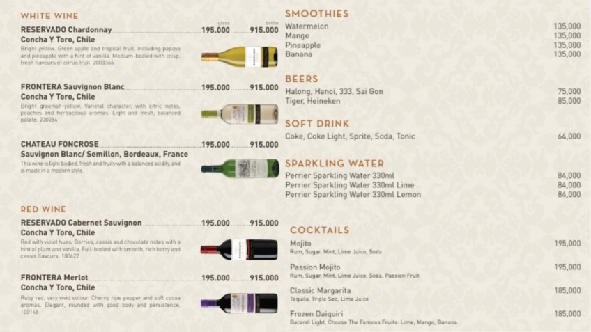 Orchid Classic Cruise: Drink Menu