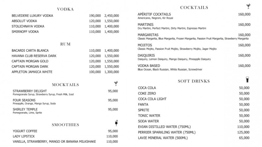 Ambassador Signature Cruise: Drink Menu