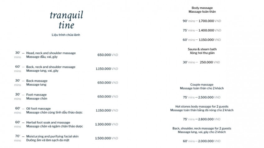 Grand Pioneers Cruise: Spa Menu