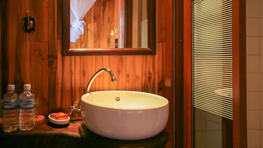 A wooden bathroom onboard