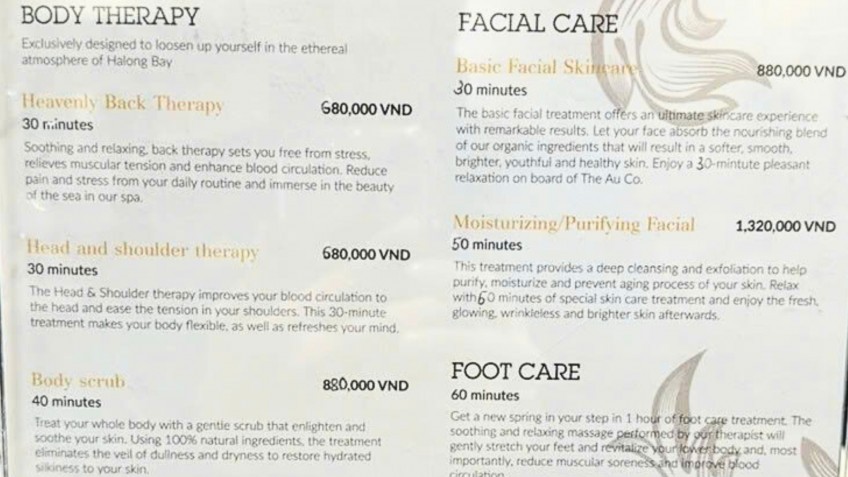 Aspira Cruises: Spa Menu