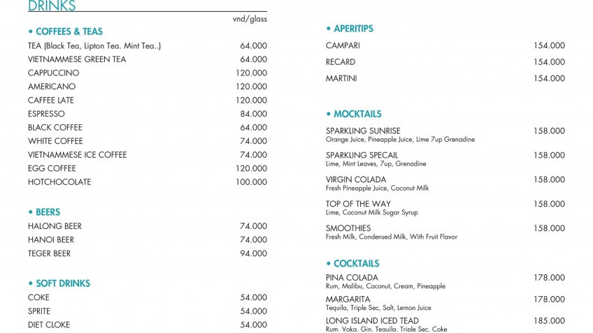 Aspira Cruises: Drink Menu on board