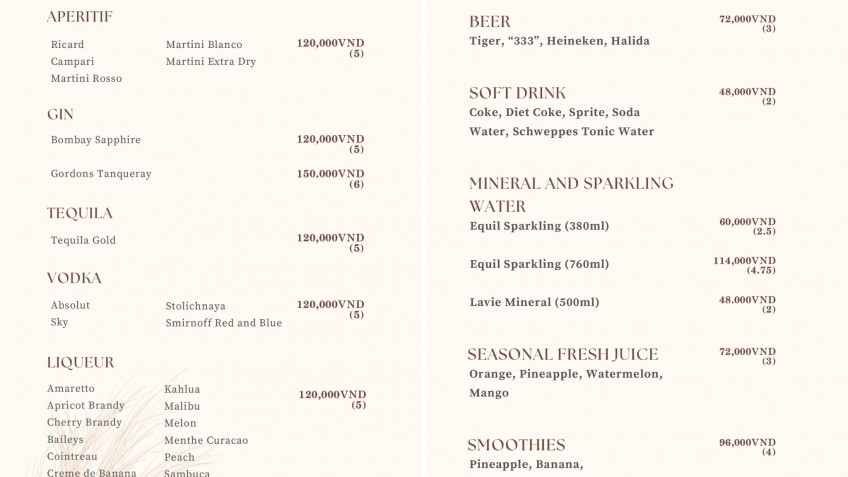 Indochina Sails: Drink List
