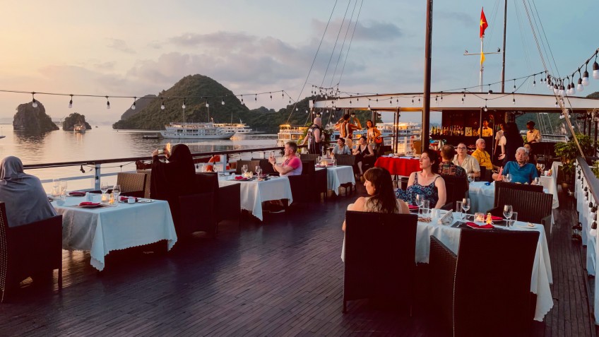 Having dinner on the sundeck