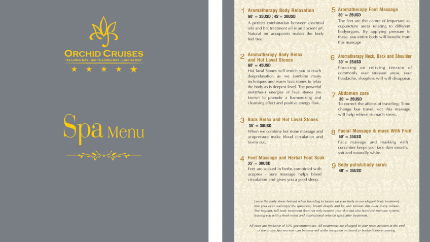 Orchid Classic Cruise: Orchid Cruises Spa Menu