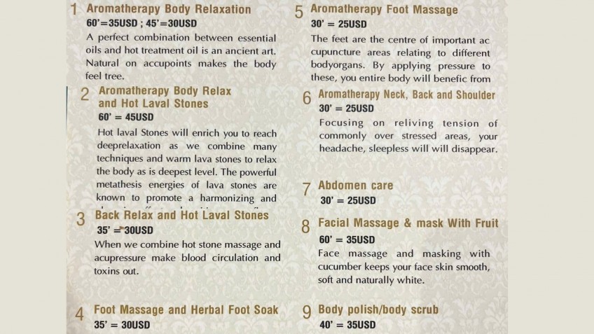 Catherine Cruise: Spa & Sauna Menu