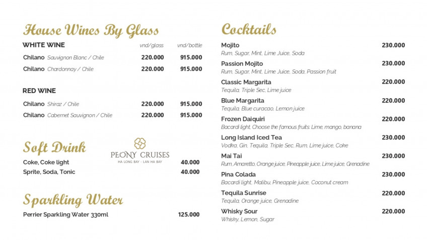 Peony Cruise: Drink Menu On Peony Cruise