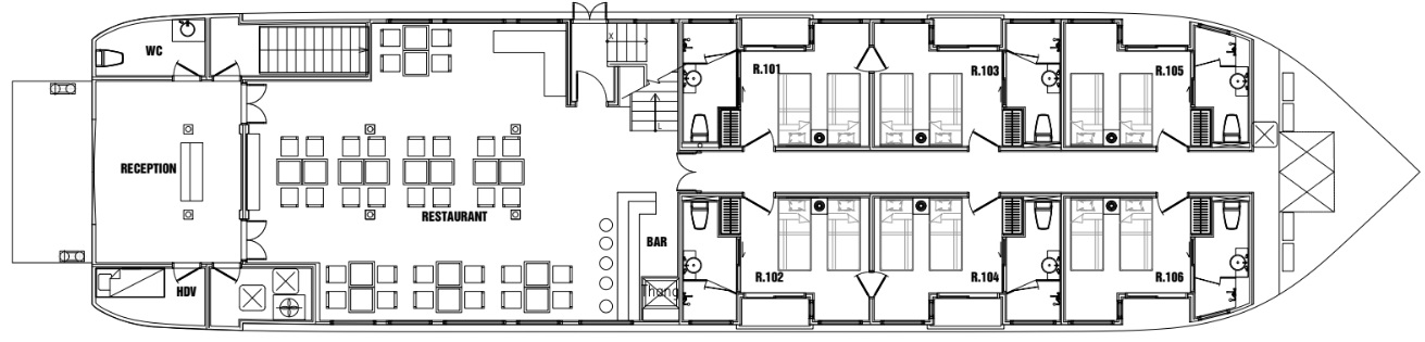 From the entrance of the 1st deck, there is the reception area, then the Lotus Restaurant and 06 Balcony Deluxe at the front.