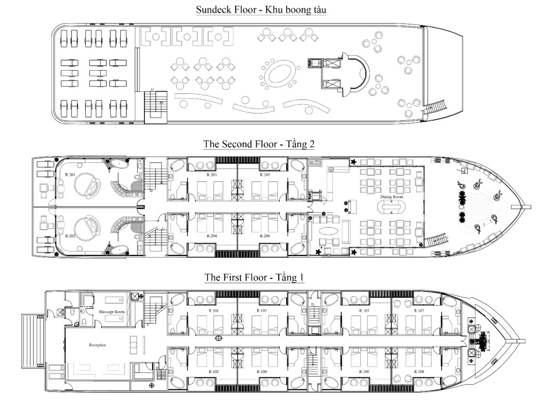 The 1st deck features two types of rooms: 04 Family Suite Balcony (adjoining) or 08 Suite Balcony Cabins