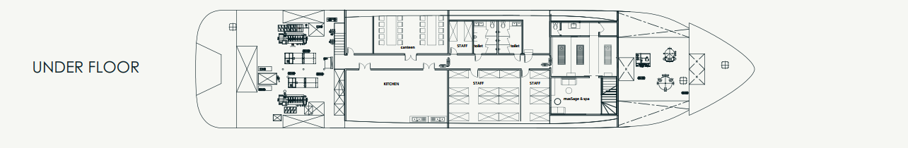 The basement includes a spa room, crew quarters, and the kitchen.