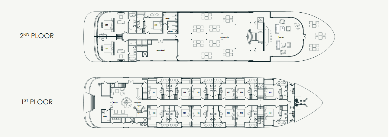 The 2nd deck has 01 Executive Suite (30m2), 02 Panorama Suites (40m2), and The Opera Restaurant & Lounge.