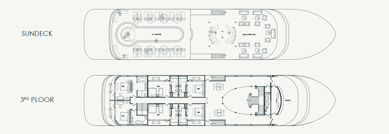 The 4th deck is dedicated to a sundeck, with a panoramic view bar and an upper resting area for relaxation and taking in the scenery.