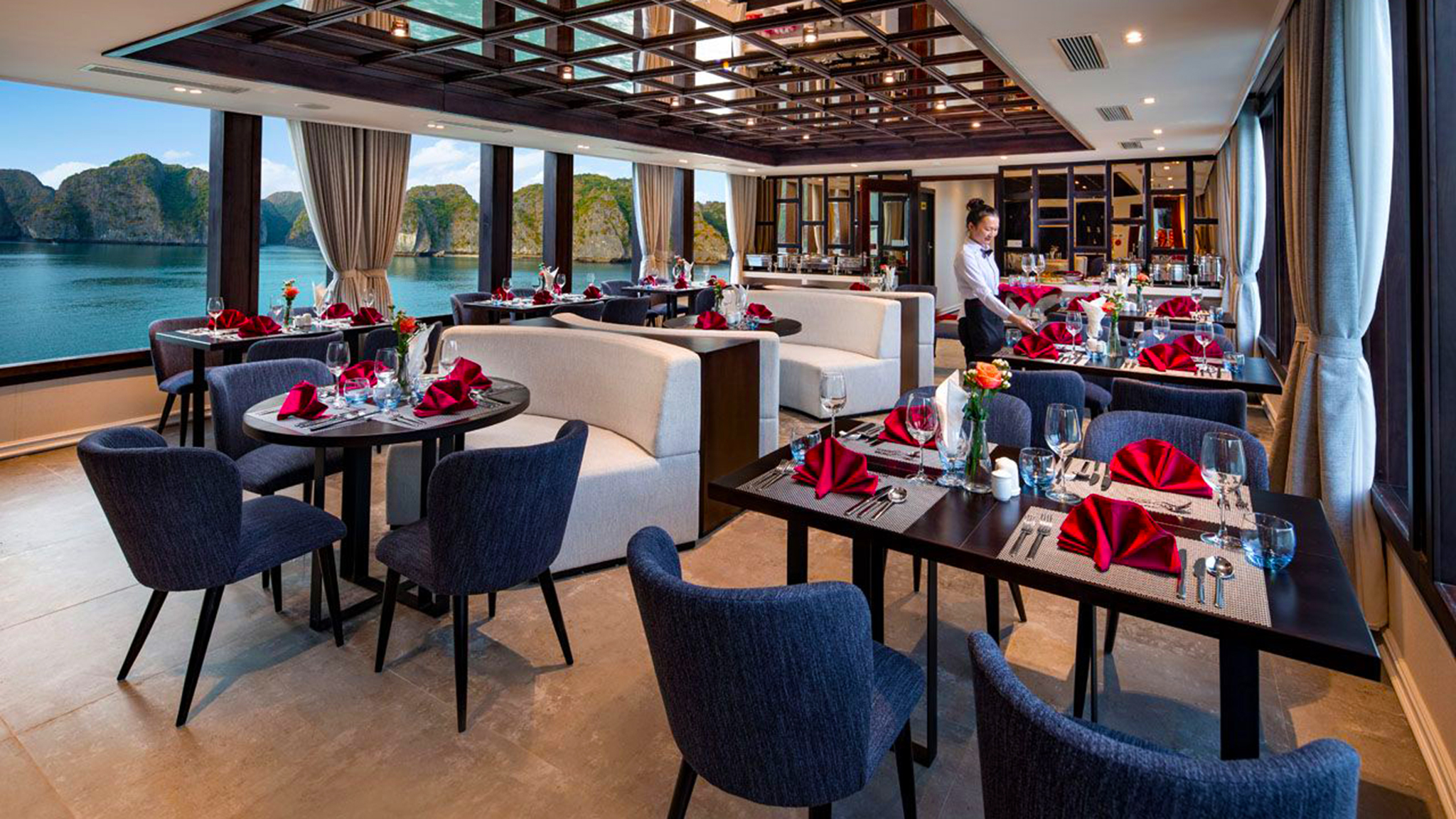 The luxurious restaurant provides a cozy luxury space for dining.