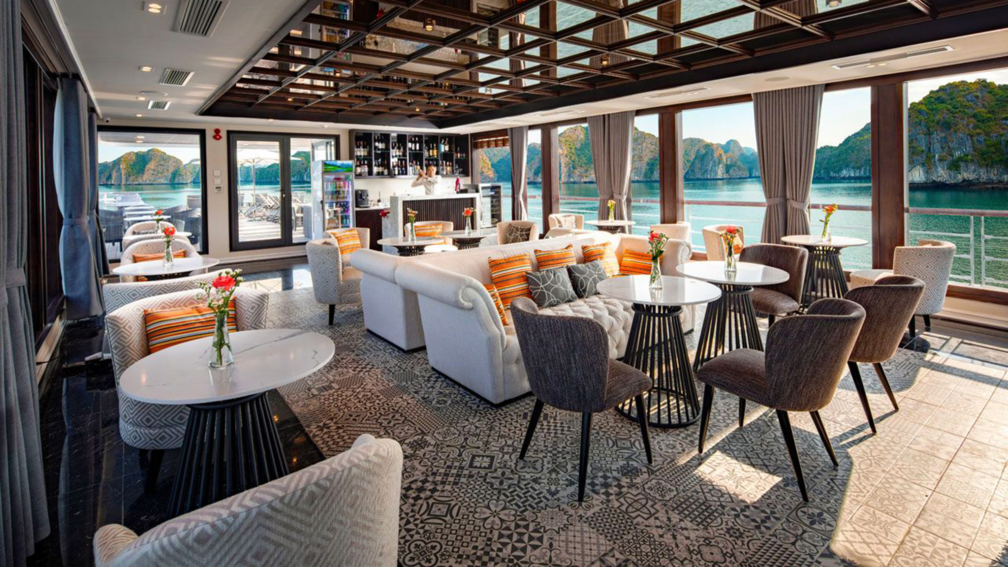 Walls of floor-to-ceiling windows are the highlight of Jade Sails restaurant.