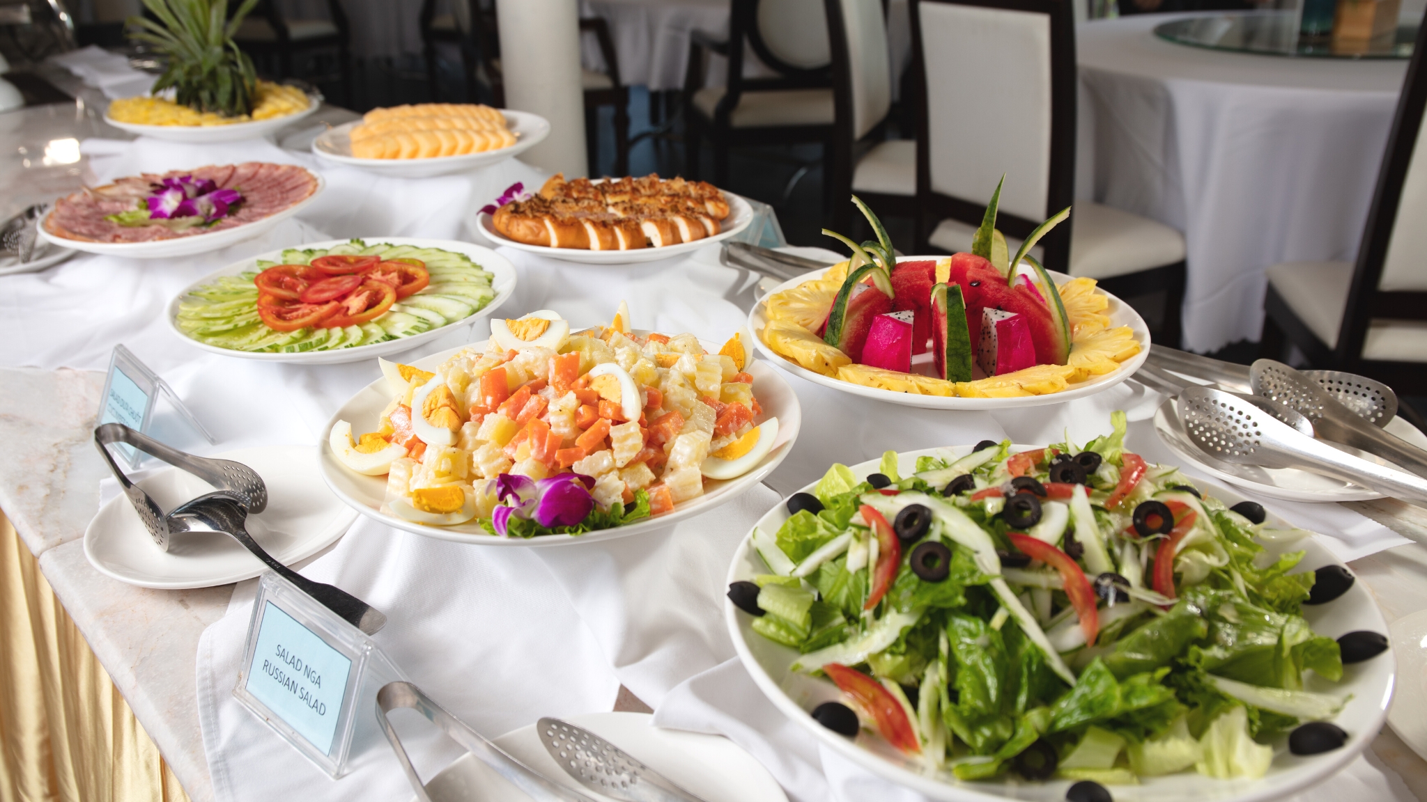 The onboard buffet with various tasty dishes, ranging from Asian to European cuisine.