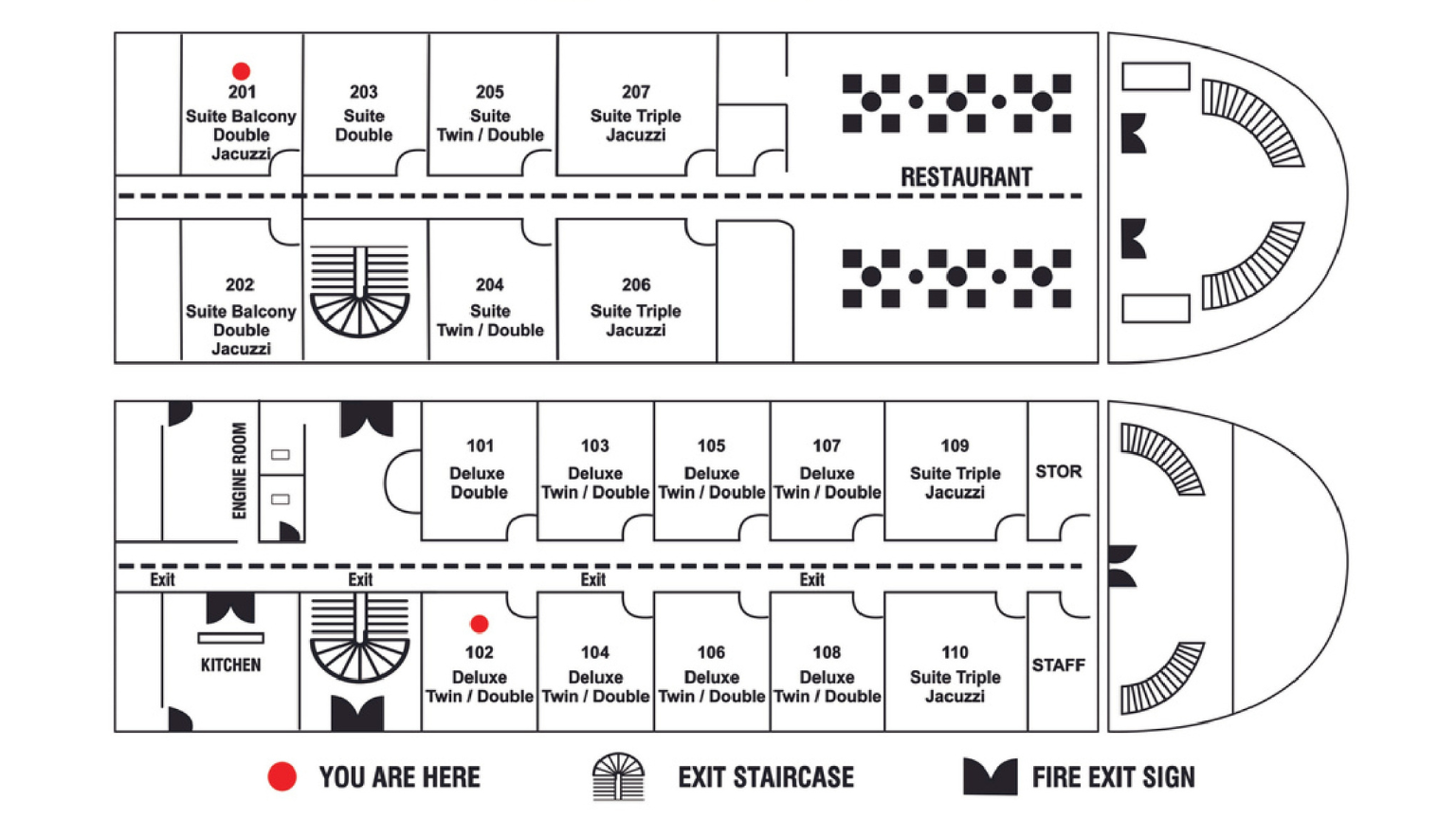 The 1st deck includes a kitchen, 02 Suite Triple Cabins (22m2), and 08 Deluxe Cabins (18m2)