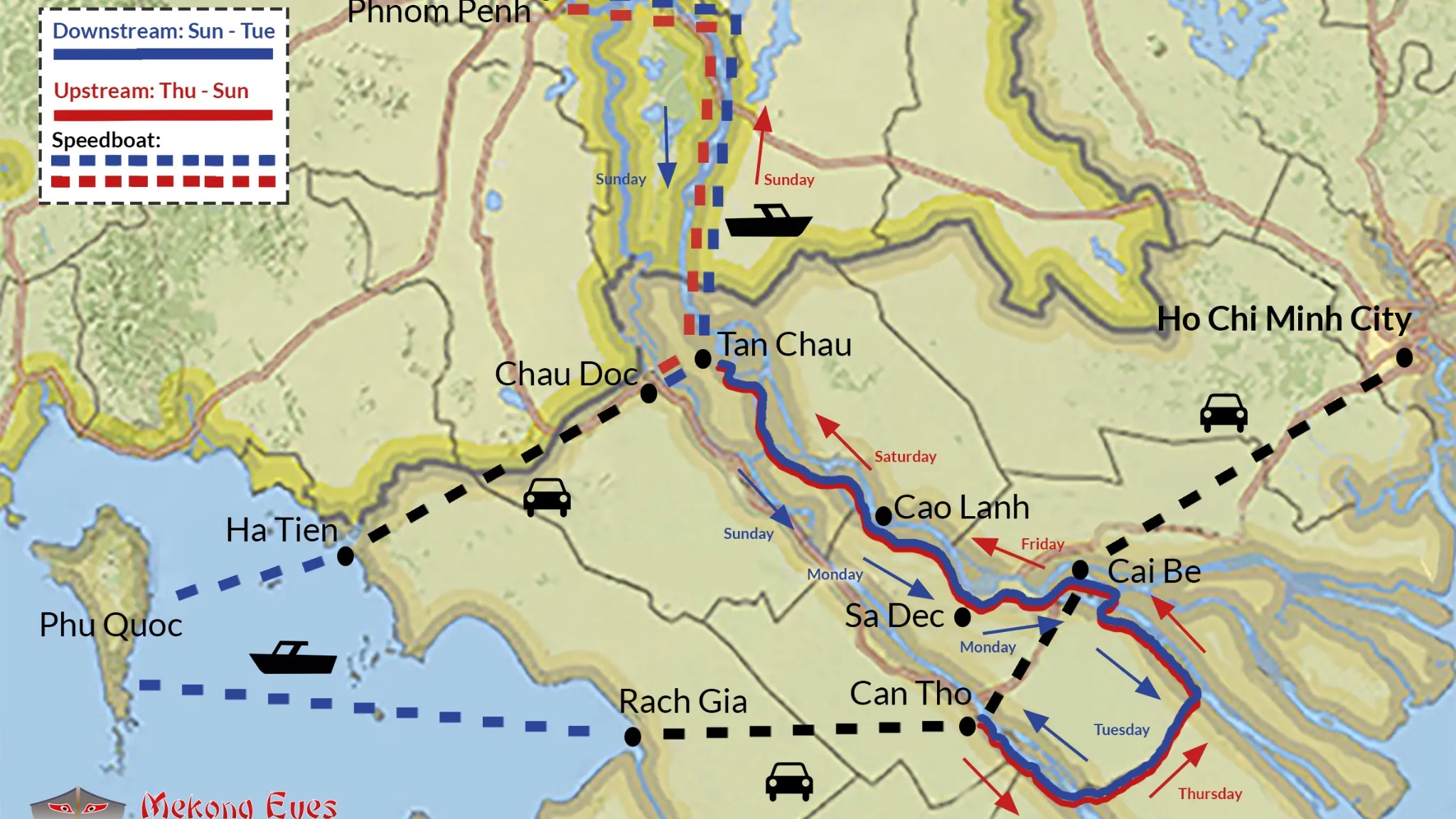 Cruise map from Saigon to Phnom Penh