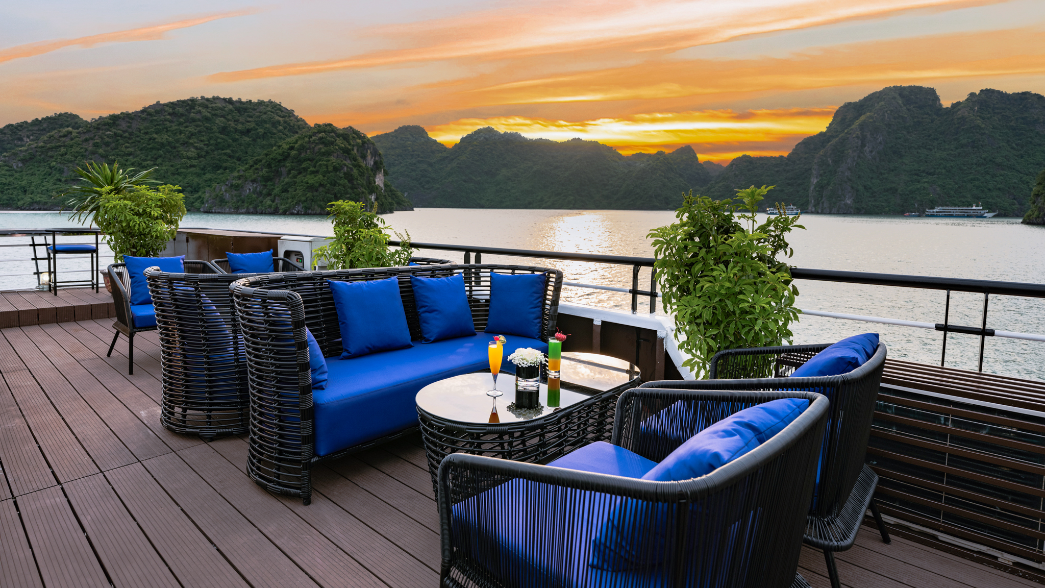 The sky bar provides an open space to relax and socialize while admiring the bay's views