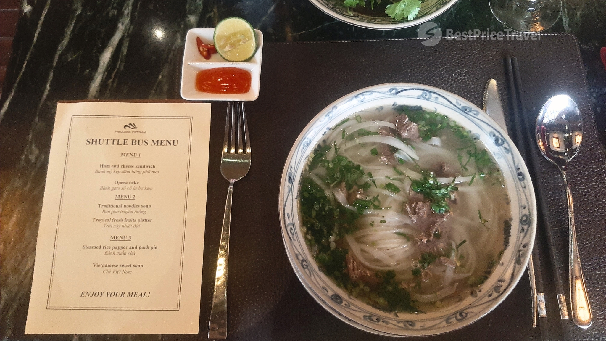 Brunch menu for those who book Paradise transfer service