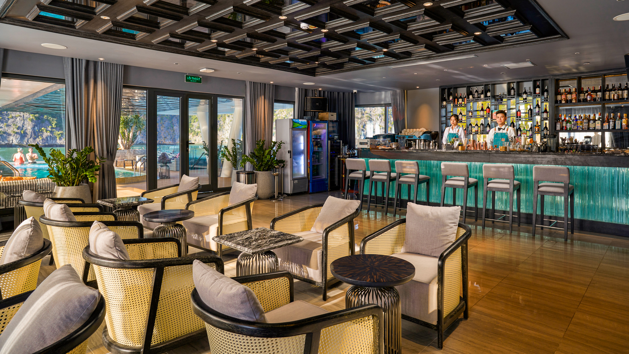 The bar is set up both outdoors and indoors for the finest convenience.