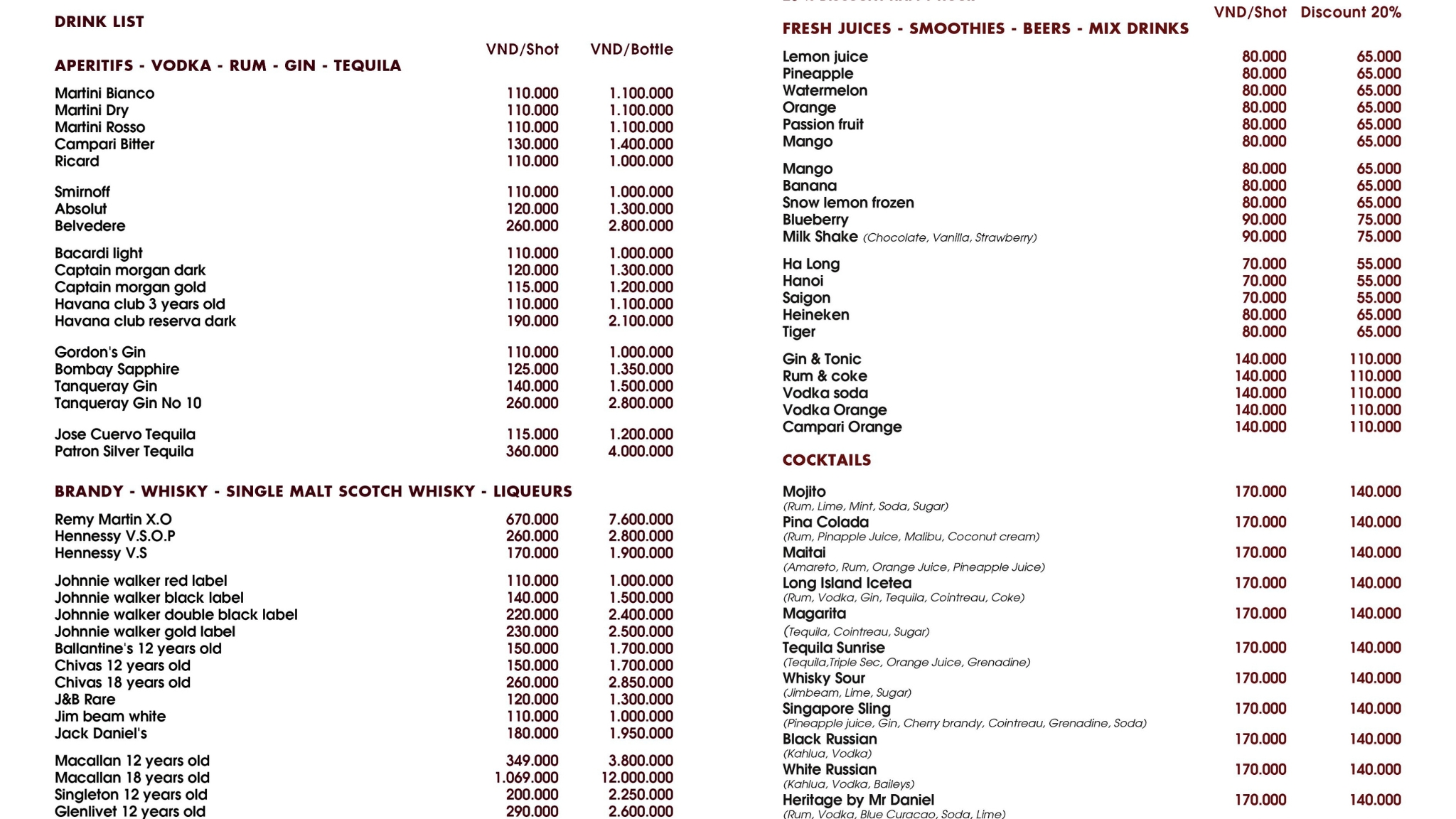 The drink price is for reference only and is subject to change.