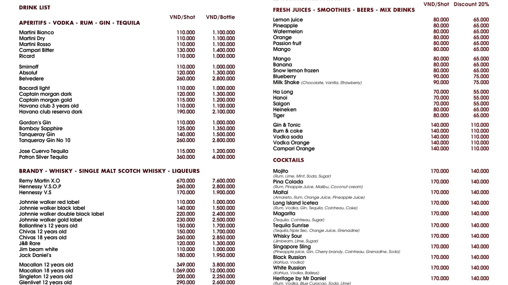 Heritage Drink Menu