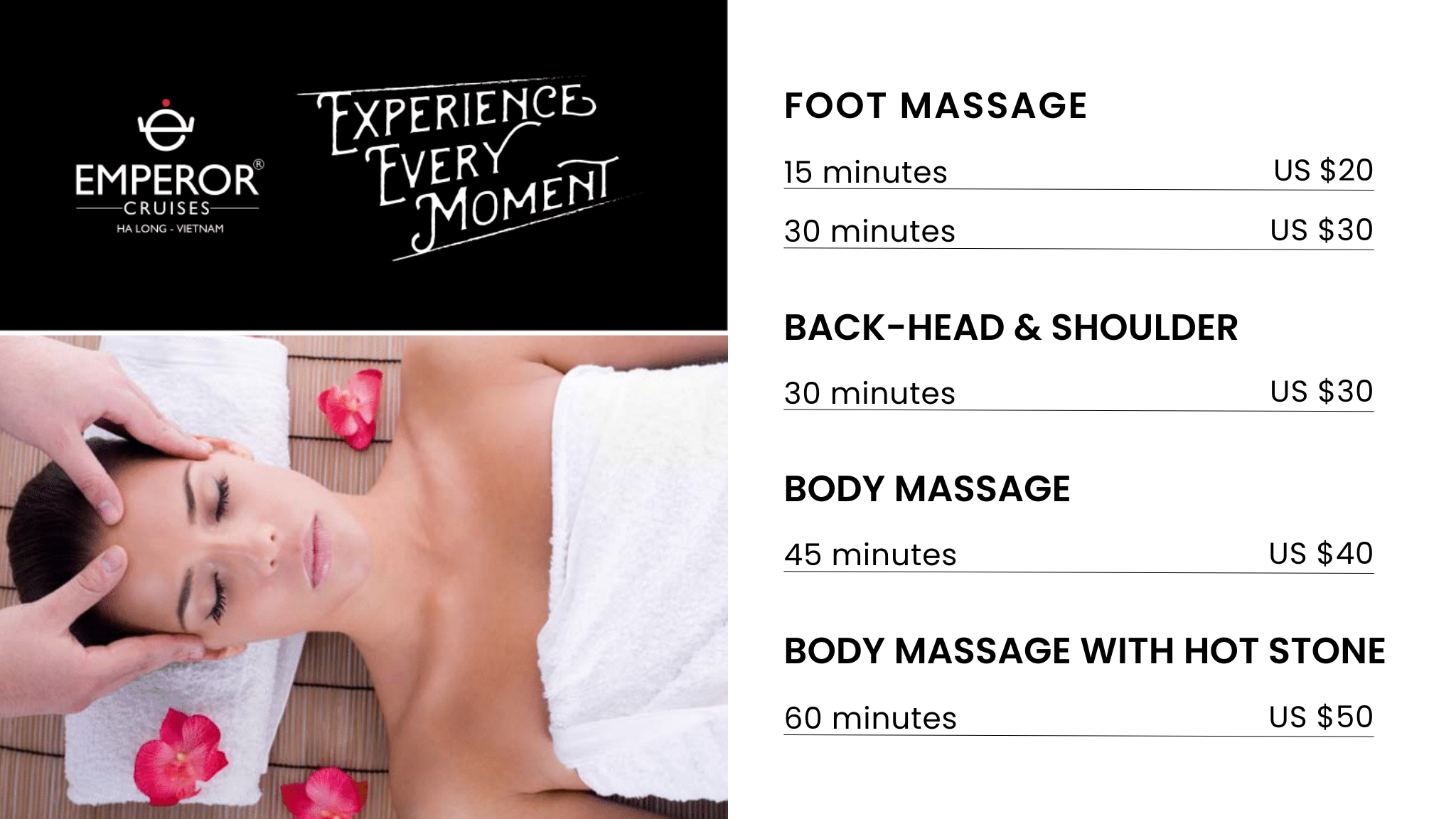 The spa & massage services here are diverse, including 7 types of treatments, from basic foot, head, neck, and shoulder massage to the advanced option with a combination of Balinese, Swedish, Japanese shiatsu, and Thai stretching