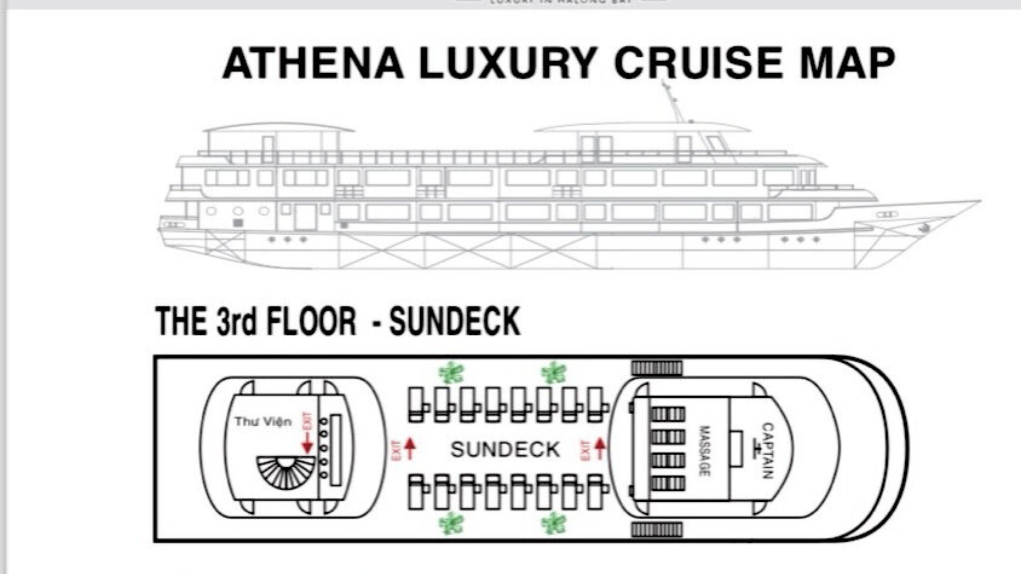 The sundeck is equipped with relaxing spa & sauna rooms, the coffee lounge and bar (also used as the library), a jacuzzi, and a sunbathing area with many sunbeds.