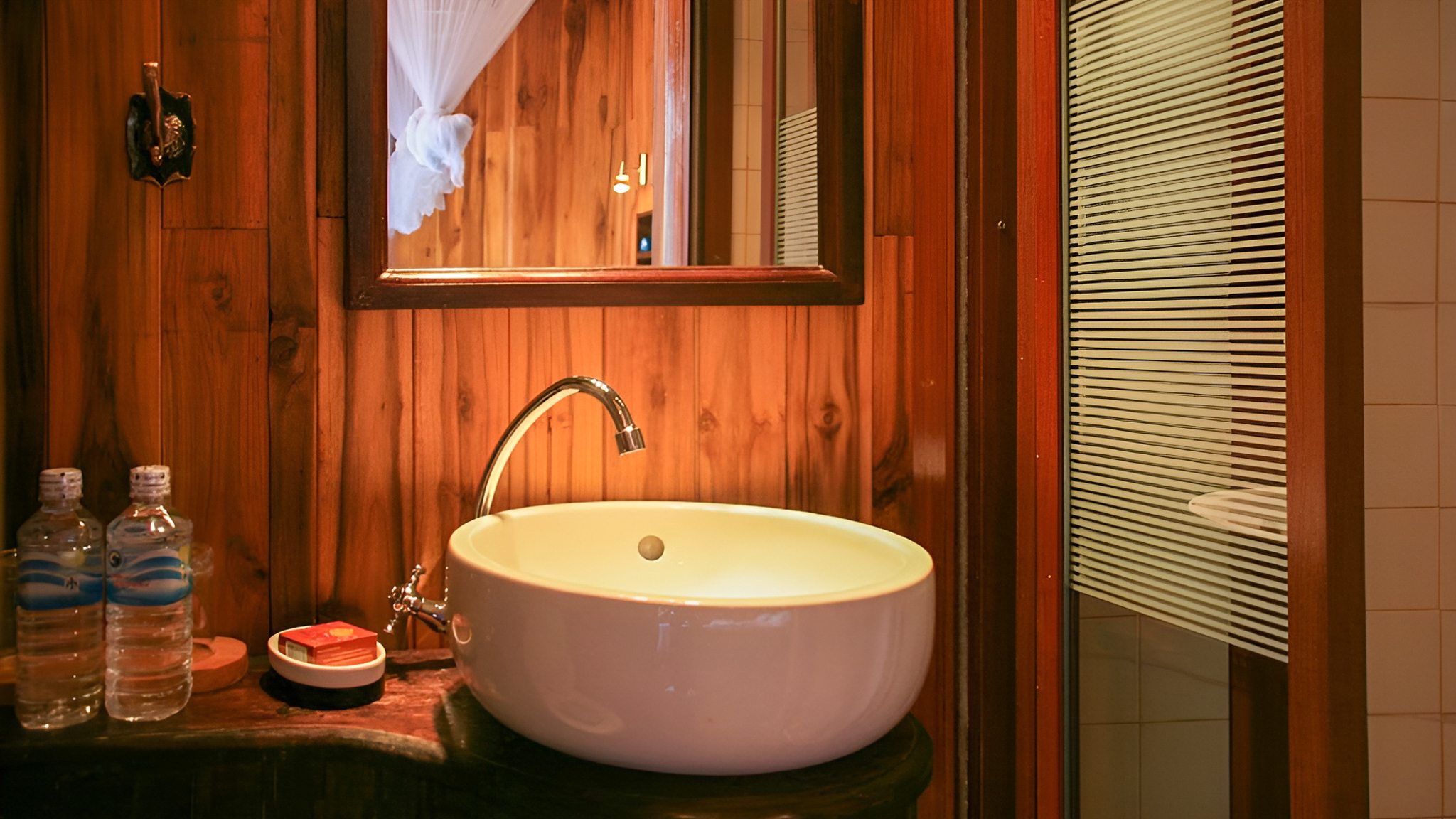 A wooden bathroom onboard