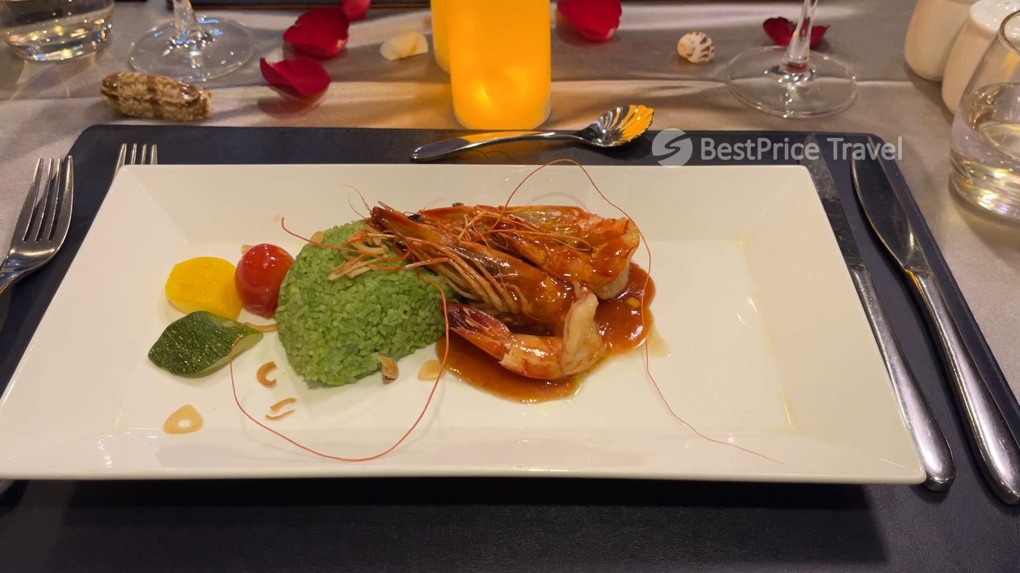 Savory fusion dish at set menu dinner on Peony Halong Bay Cruise