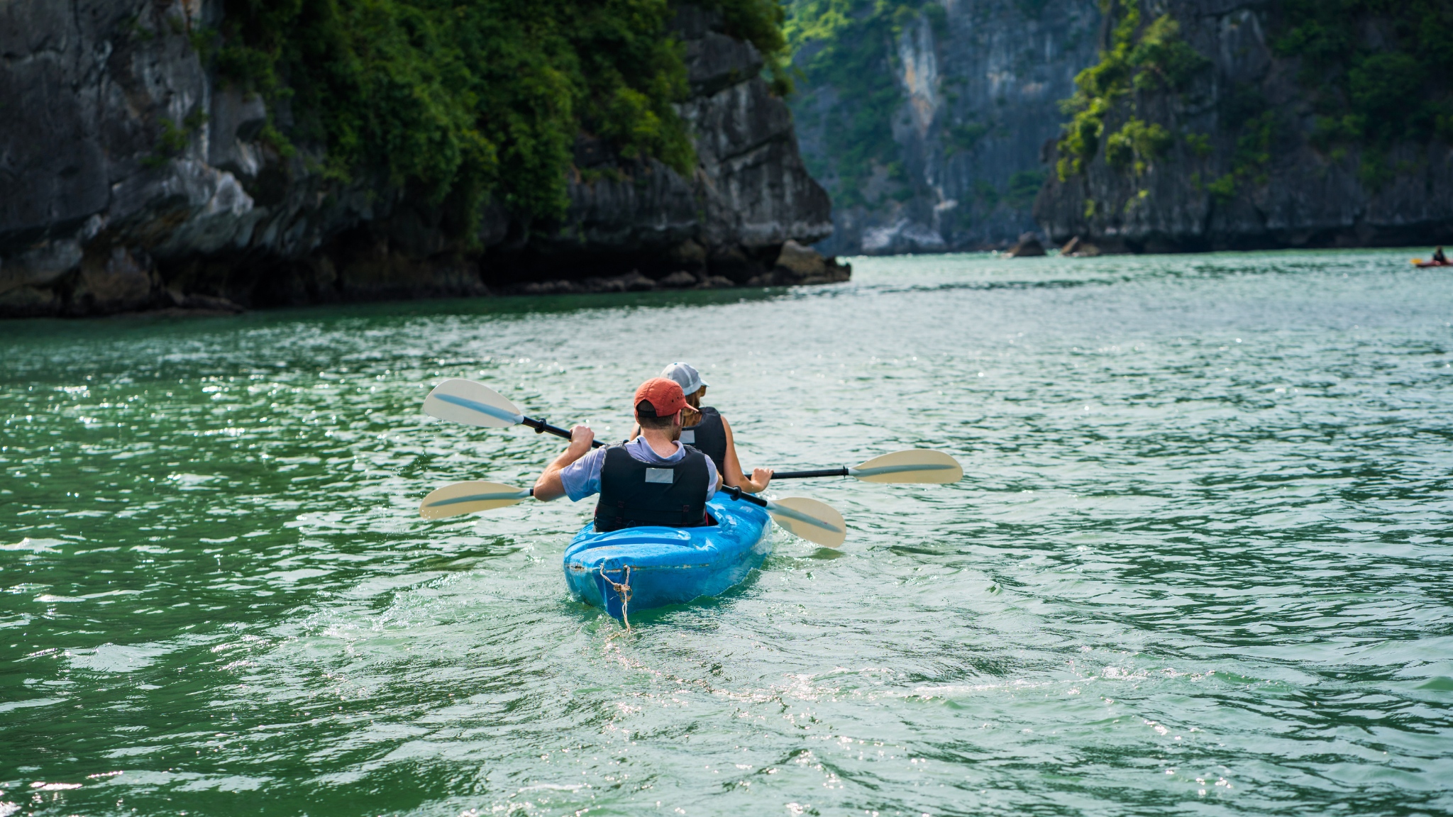 Guests can get close to nature as they kayak to the magnificent landscapes of the Tra Bau Area