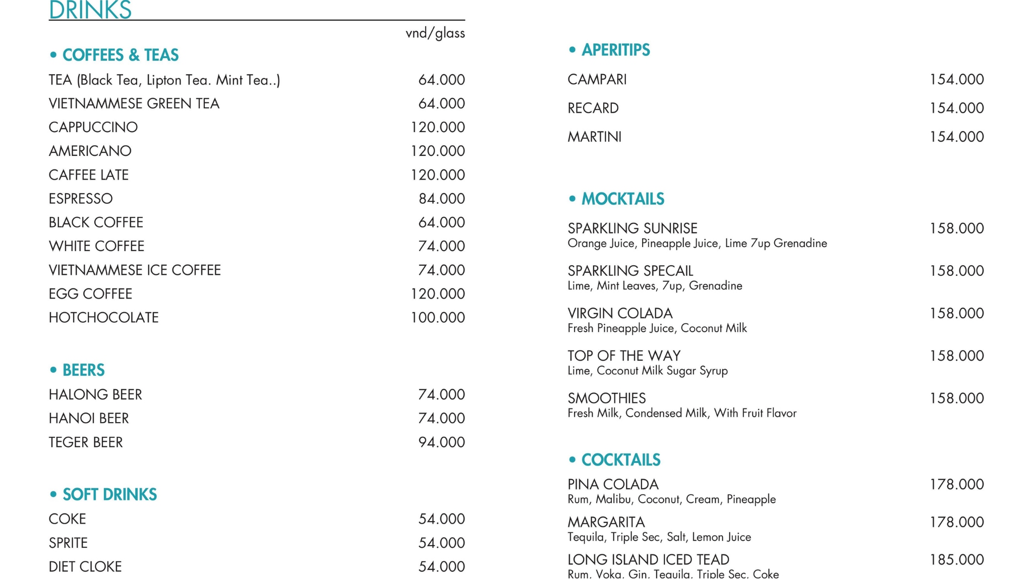 The drink price is not fixed, for reference only.