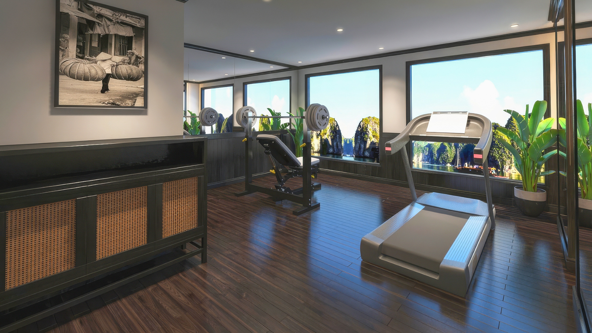 The fitness room on the high deck provides a wonderful view while you exercise