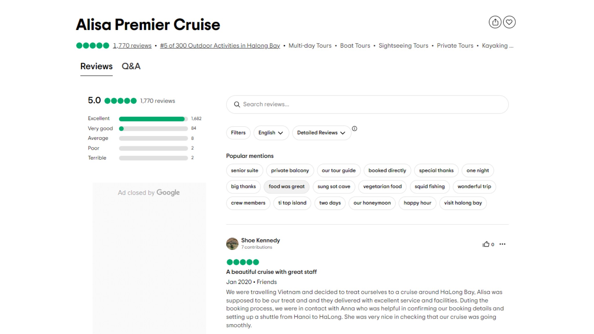 Alisa Premier Cruise's service and staff have received consistent praise on TripAdvisor
