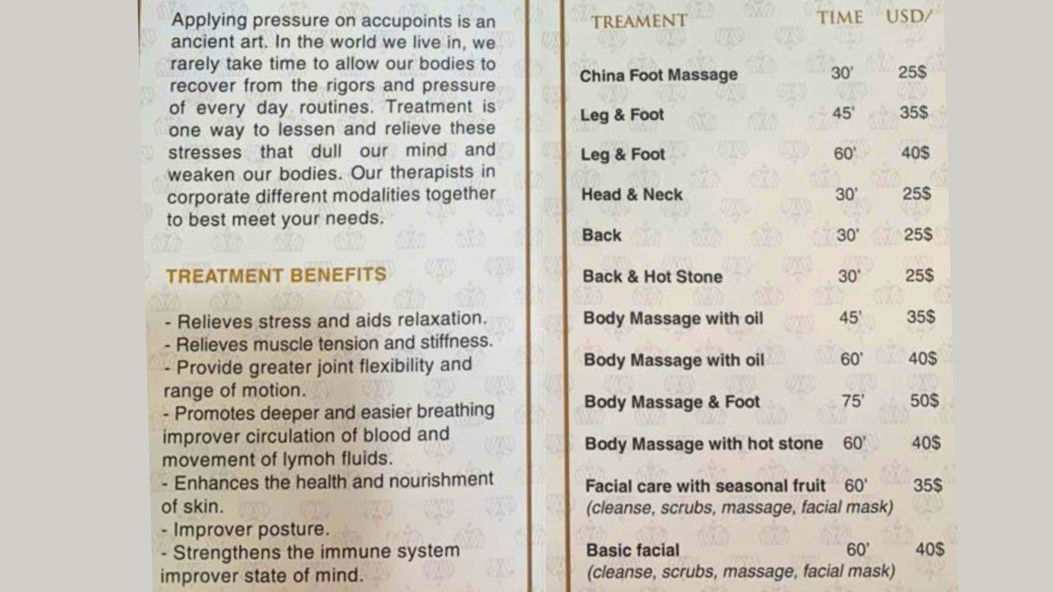 The spa menu is for reference only, the price is not fixed.