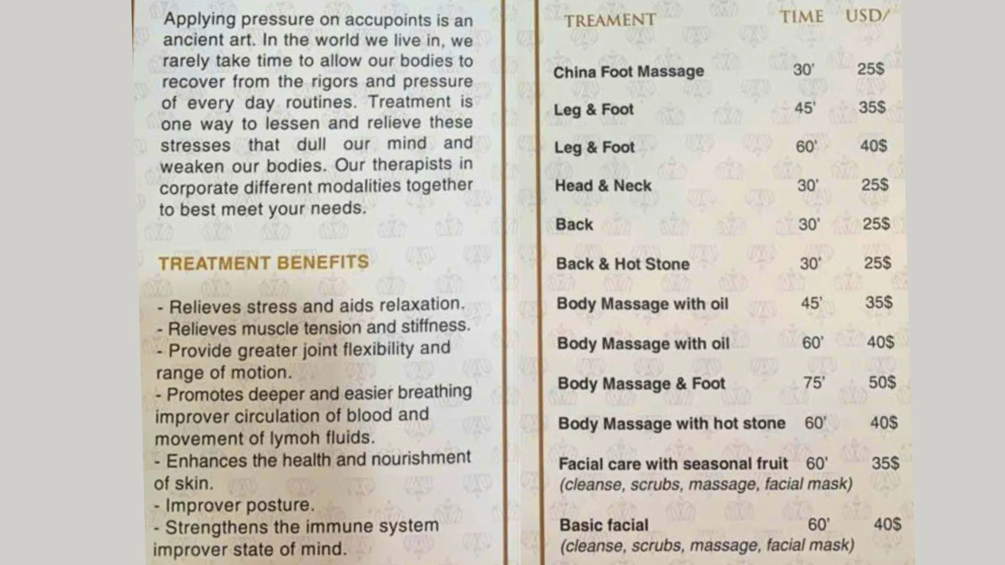 Spa Menu
