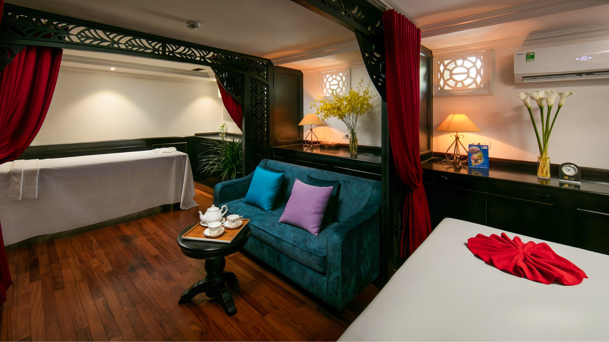 The spa room offers a private space for guests to enjoy wellness treatments.