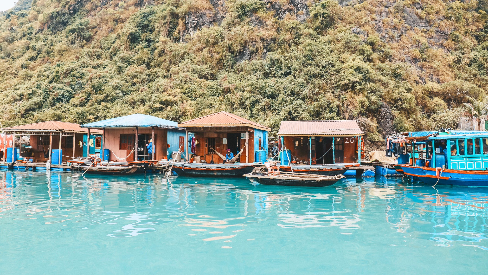 Small but charming floating houses at Cua Van Fishing Village