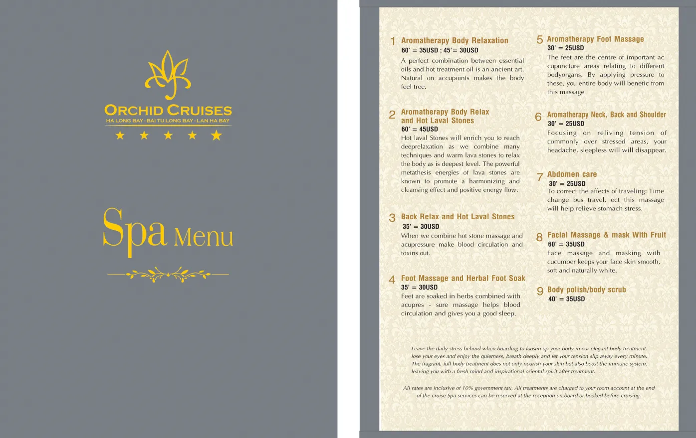Orchid Cruises Spa Menu