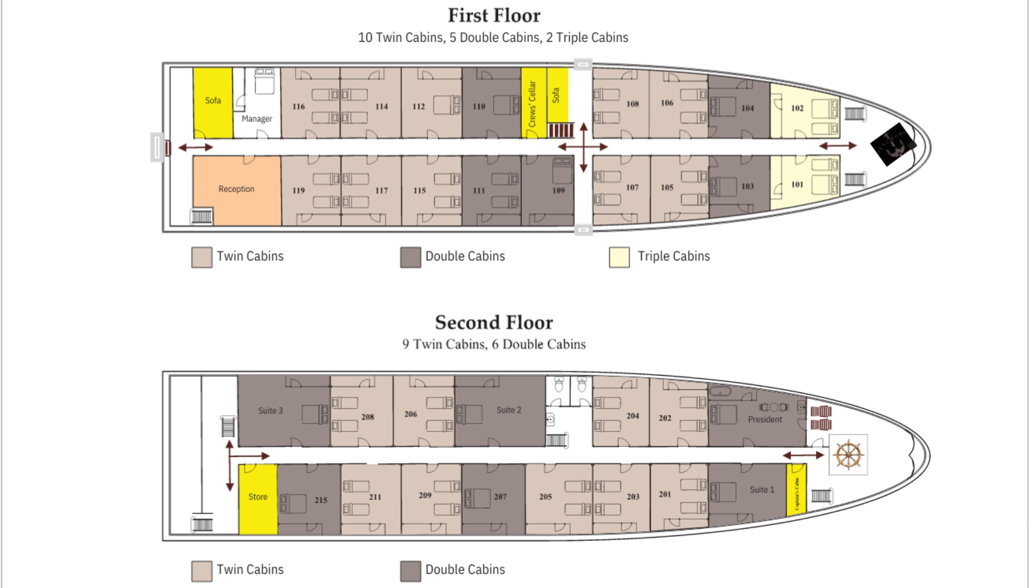 The 2nd deck has 11 remaining Deluxe cabins, 03 Suites (28m2), and 01 President Suite (34m2), all equipped with private balconies.