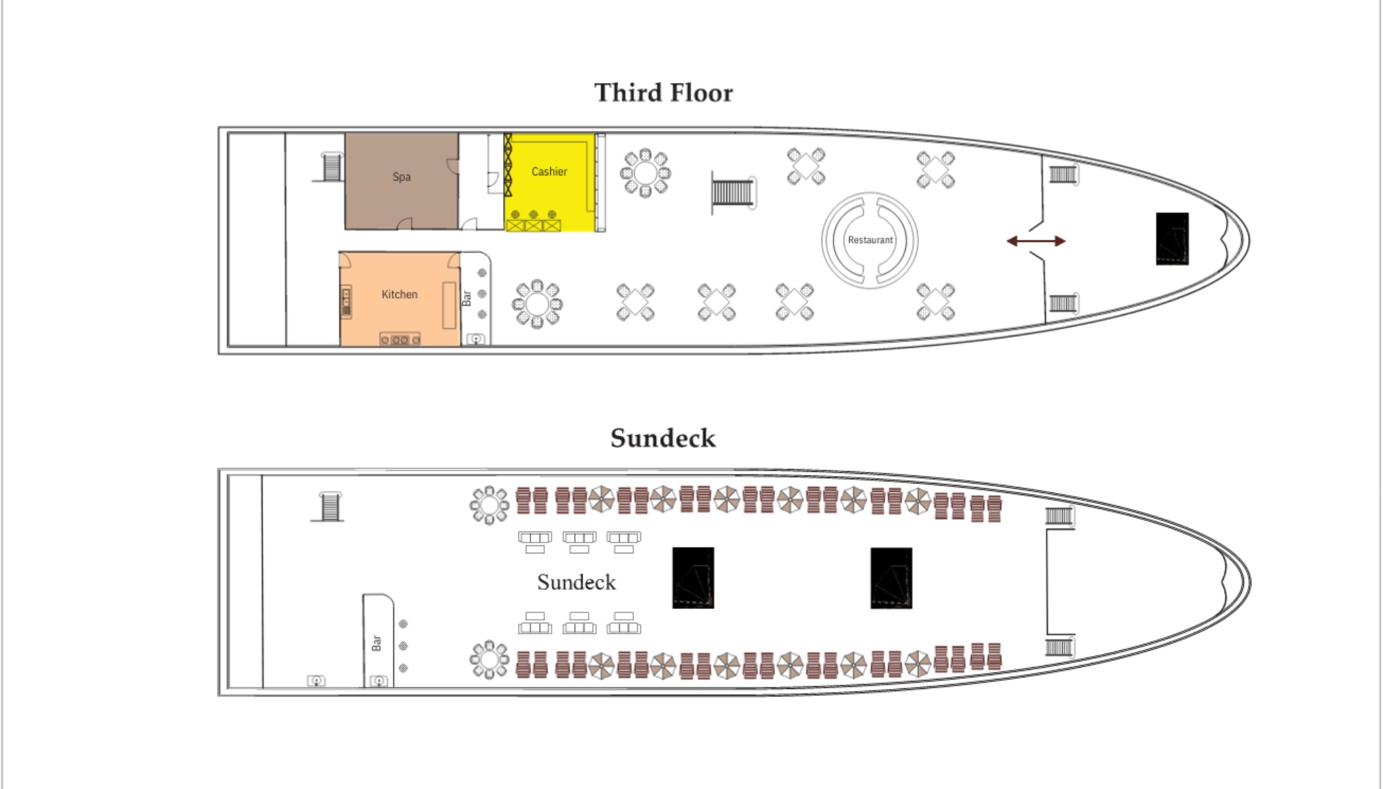 The 4th deck is the sundeck for guests to chill out, equipped with an outdoor bar, chairs, tables, and loungers.