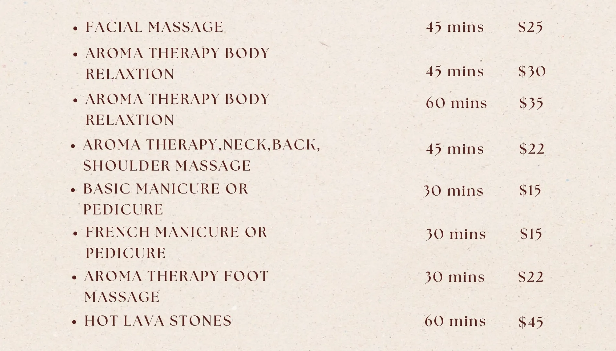 Spa Menu