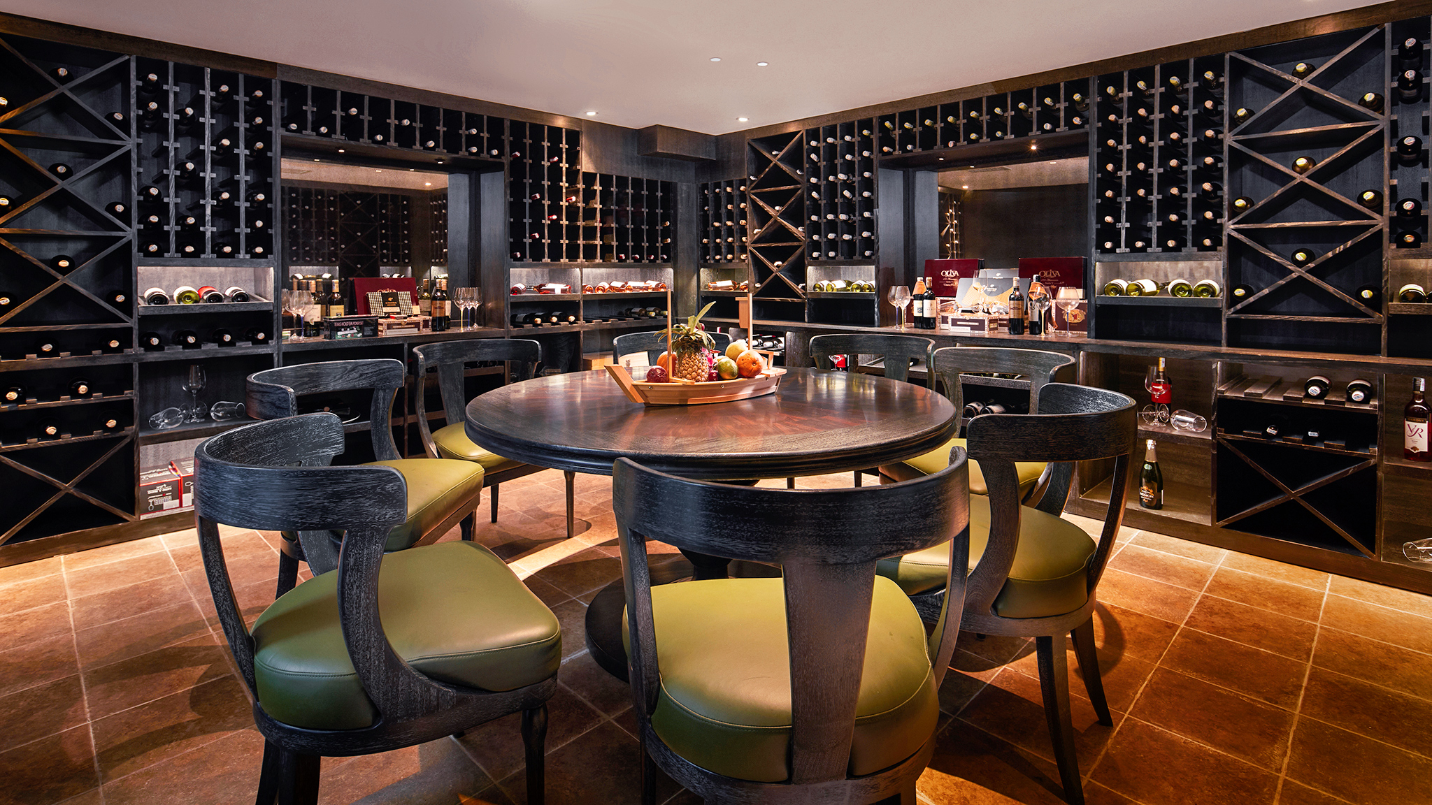 The cellar is beautifully decorated with wooden furniture and elegant design.